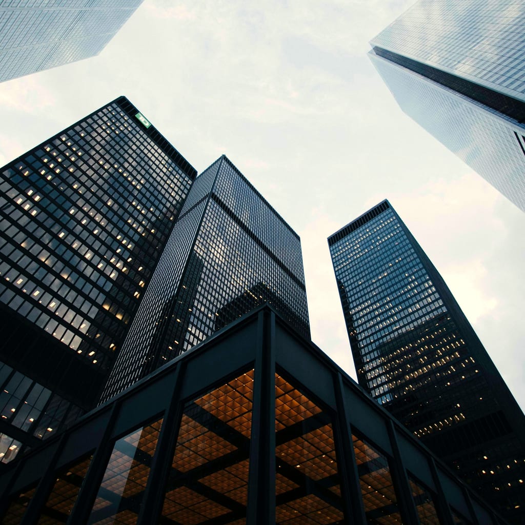 Office towers seen from street level
